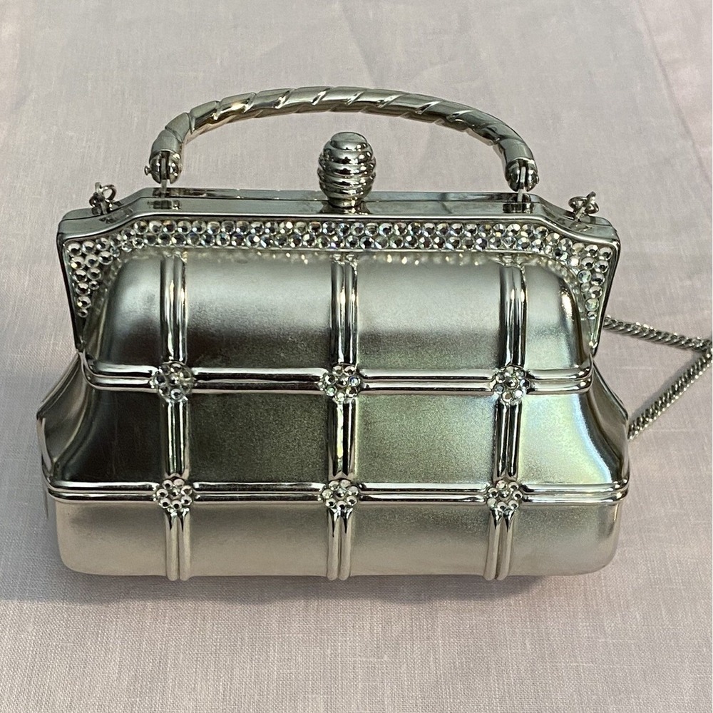 Silver Rhinestone Cage Hard Shell Evening Bag Clutch Chain Strap Purse Prom Glam
